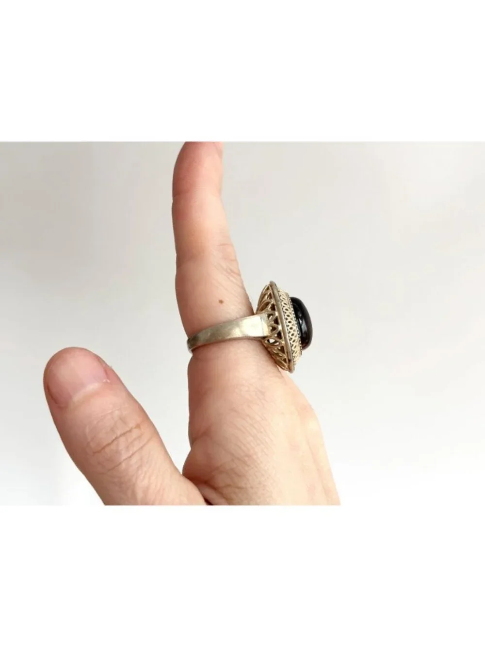 Genuine Tiger's Eye Gemstone Filigree Sterling Silver 925 Vintage Ring - sz 8